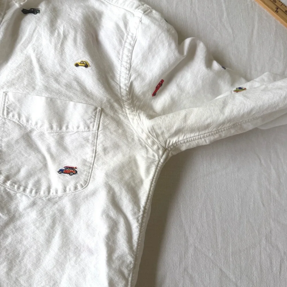 J. Crew White Embroidered‎ Car Surfboard Oxford Shirt G4742 SU17 Sm Distressed